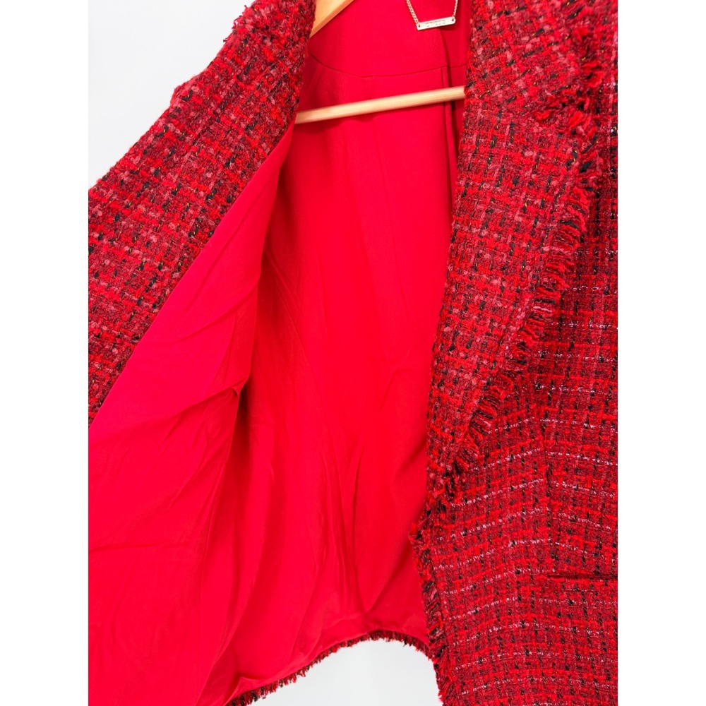Chico's Tweed Blazer 2 Red Textured Raw Edge Jacket Parisian Chic Holiday - Picture 8 of 11